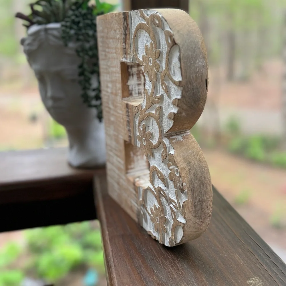 Wooden farmhouse “ M “ Cream Color with carved details;
